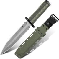 Ergonomisches Outdoor-Messer mit robuster Klinge aus D2-Stahl und Kydex-Scheide für professionelles Arbeiten bei Trekking, Camping und Survival-Touren.