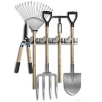 Platzsparender Gerätehalter [2er Set] - Aluminium-Profil mit 4 individuell positionierbaren Halterungen und 5 Haken für Besen, Gartengeräte, Werkzeug in Garage, Werkstatt und Garten