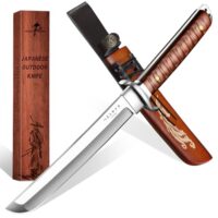 Outdoor-Messer mit D2-Stahl-Klinge, Tanto-Messer mit Holzscheide und Dragon-Phoenix-Graffiti - ideal für Camping, Wandern und Survival-Aktivitäten