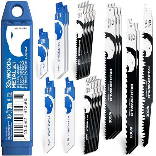 FALKENWALD Säbelsägeblätter Set 32-tlg - 22x Holz + 10x Metall - Bi-Metall & HCS - Für Holzbearbeitung, Metallbau, Edelstahl, Rohre und Laminat