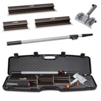 Strüber-Set mit drei verschiedenen Größen an Flächenspachteln, einer Aluminium-Teleskopstange und einem Rollspachtel. Alles in einem umfangreichen Koffer verstaut.