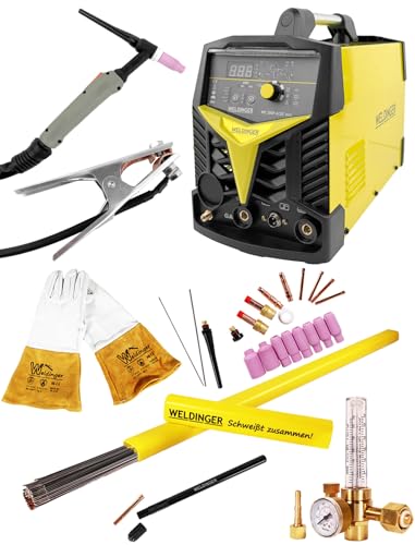 WELDINGER WIG-Schweißgerät WE 200P ACDC eco für Schweißen von Aluminium, hochwertiger Inverter HF-Zündung mit umfangreichem ACDC-Zubehörset und 5-Jahres-Garantie