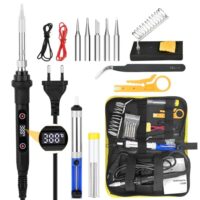 Professionelles Soldering-Iron-Set mit 80W-Hochleistungs-Ceramikheizkern, LCD-Temperaturanzeige und präzisem Temperaturreglersystem. Inklusive Soldering-Iron-Stand, Desolderpumpe, Lupe und Paar Zangen für effiziente und präzise Arbeit an Elektronikgeräten.