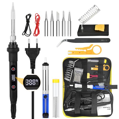 Professionelles Soldering-Iron-Set mit 80W-Hochleistungs-Ceramikheizkern, LCD-Temperaturanzeige und präzisem Temperaturreglersystem. Inklusive Soldering-Iron-Stand, Desolderpumpe, Lupe und Paar Zangen für effiziente und präzise Arbeit an Elektronikgeräten.
