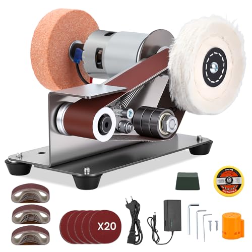 4-in-1 Mini Bandschleifer mit 7 Geschwindigkeiten, Allkupfermotor und 30 Schleifbändern für Messerschärfen, Holz, Metall und Schmuck