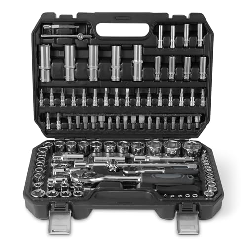 Amazon Basics Steckschlüsselsatz mit Ratschen, Verlängerungen und Bits - CRV-Stahl - 108 Teile - Ideal für Heimwerker und Autoreparaturen