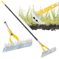 Gartenrechen für Rasen, 38 cm verstellbarer Rechenkopf, Dethatcher zum Entfernen von Rasenfilz, Moos & abgestorbenem Gras