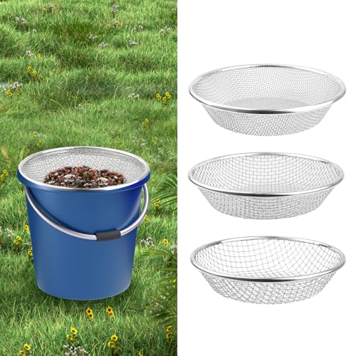 Drei hochwertige Siebe für Boden, Sand und Kompost zum Reinigen von Steinen, Erde und organischem Material im Garten. Passend für 5-Gallonen-Eimer mit drei Lochgrößen.