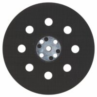 Bosch Schleifteller für PEX 115, schwarzer Diskus mit Löchern und weißem Text "Bosch Accessories" auf der rechten Unterkante. Der Discus hat sechs blaue Kreise in der Mitte und acht schwarze Punkte um sie herum.