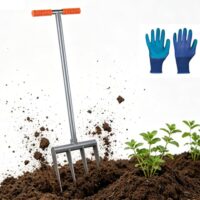 Gartenarbeit, CPROSP Grabegabel für harte, steinige Böden, 31×107,5 cm, Spatengabel mit 4 Zinken aus Hochmanganstahl, Grabgabel Zinkenlänge 25cm, Broadfork mit Handschuhen