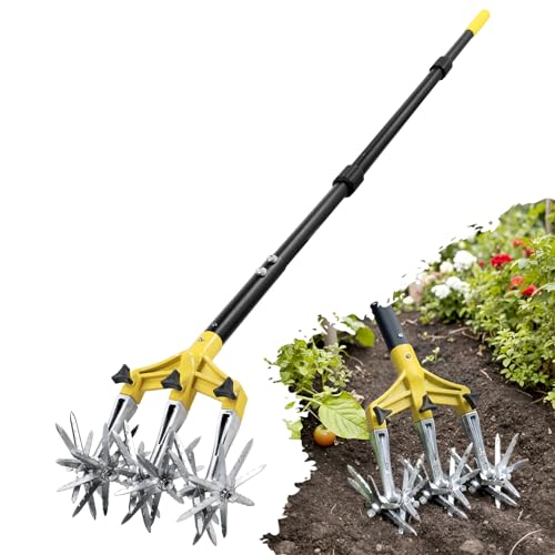 Drehbarer Kultivator, Gartenwerkzeug mit abnehmbaren Aluminiumzinken, Grubber für Gartenerde oder Nachsaat von Gras, manuelle Kultivatoren und Fräsen