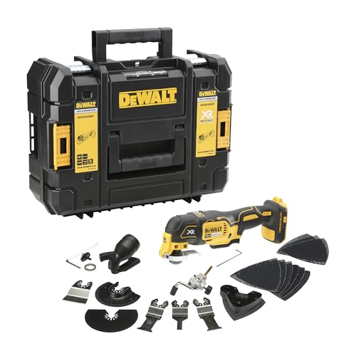 DEWALT 18 V XR bürstenloses Oszillationswerkzeug, einziges Werkzeug in T-STAK, DCS355NT-XJ. Vielseitiges und leistungsstarkes Werkzeug für Detailschleifarbeiten, bündigem Schneiden, Entfernen von überschüssigem Material oder zur Vorbereitung von Oberflächen.