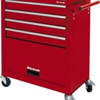 Ein redner Werkstattwagen mit Interlock-System, vier drehbaren Rollen und zwei Feststellbremsen für eine sichere Bewegung von Werkzeugen.