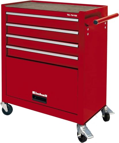 Ein redner Werkstattwagen mit Interlock-System, vier drehbaren Rollen und zwei Feststellbremsen für eine sichere Bewegung von Werkzeugen.