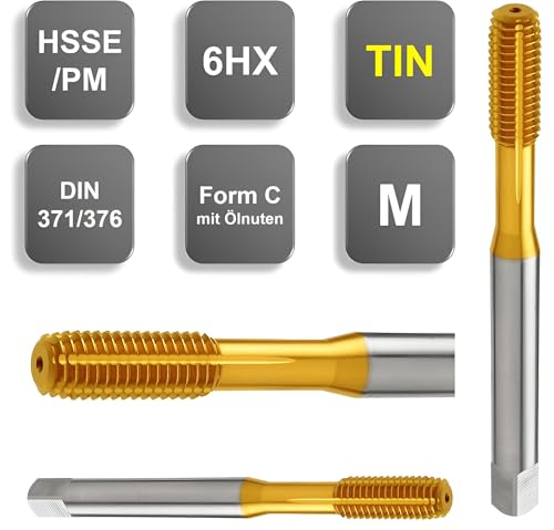 Gewindeformer HSSE/PM für die Herstellung von metrischen Innengewinden mit Form C und DIN 371. Der Gewindefurcher hat eine TIN-Beschichtung und ist ideal für verschiedene Materialien.