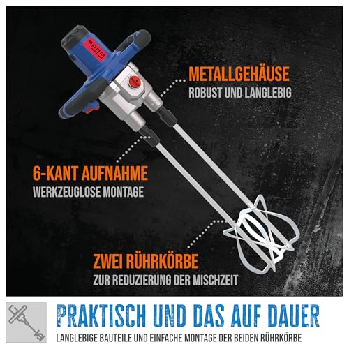 Professionelles Rührwerk für anspruchsvolle Aufgaben, Doppelrührtechnik, Soft-Start-Funktion, Metallgetriebegehäuse, 1800 W, 2-Gang-Getriebe, 0-460 | 0-620 1/min max. Leerlaufdrehzahl, 100 l max. Mischvolumen, Mischzeitreduzierung bis zu 50%