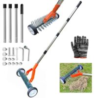 Handvertikutierer mit Rollen, Vertikutierer Rechen mit Stiel für Rasenpflege im Garten, abnehmbar und verstellbar
