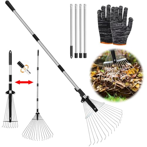 Laubbesen mit verstellbarer Metallstange und Handschuhen für Gartenpflege
