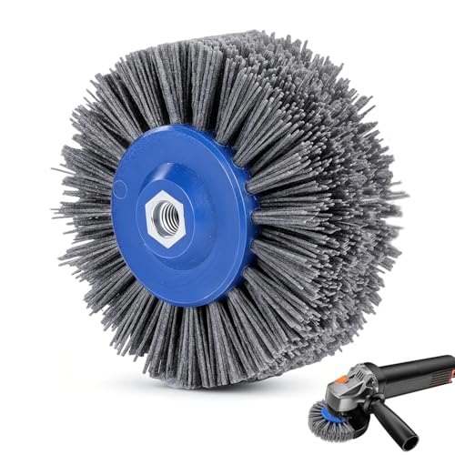 Eine blaue Nylon-Bürste mit silbernen Griff und Drahtborsten sitzt neben dem Produkt, aus dem sie kommt. Die Borsten sind zum Polieren von Kupfer und anderen Metallen geeignet.