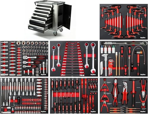 Werkzeugwagen mit 7 Schubladen und hervorragenden Werkzeugen wie Schraubenschlüssel, Ratsche und Schraubendreher in Soft Inlays in Carbonoptik gefüllte Schubladen für Heimwerker-Notwendigkeiten