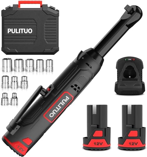 PULITUO 12V Elektrische Ratschenschlüssel Set, verlängerter Akku Ratschenschlüssel-Kit mit 2x2.0Ah Batterien & Schnellladung, 300RPM Kabellose Ratsche