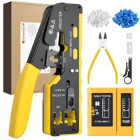 Ergänze das Arbeiten mit deinen Netzwerkkabeln mit diesem umfassenden RJ45 Crimpzange Set. Includes 50 Pass-Through-RJ45-Stecker, 50 Schutzhüllen und einen Ethernet-Kabeltester.