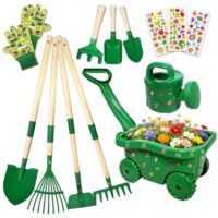 Schubkarre für Kinder, 13-teiliges Gartenwerkzeug Set, ideal für draußen spielen und die Natur entdecken.