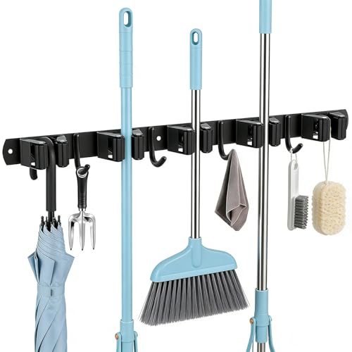 Werkzeughalter Organizer für Garage Garten Küche Badezimmer, Edelstahl Gerätehalter mit 5 Haltern und 4 Haken, Selbstklebend Gartengerätehalter, Schwarz