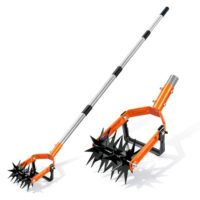 Toemics Rotationsgrubber mit verstellbarem Edelstahlstiel 2 in 1 Handkultivator für Bodenlockerung, Belüftung, Krümelung und Rasennachsaat