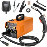 Das Bild zeigt ein Tragbares MIG Schweißgerät, das als MIG-Welder, MMA-Welder und TIG-Welder funktioniert. Es verfügt über eine gasfreie Design und hat verschiedene Anpassungen wie Fülldraht 0,8mm, Maske & Bürste sowie einen IP 21S-Mount