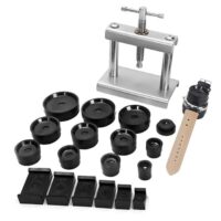 Professionelles Uhrmacher Werkzeugset mit 18 Druckformen zur Uhrenreparatur, Druckfedern und Verschlusssysteme. Metallpresse mit Quergriff und feinjustierbarer Druckschraube.