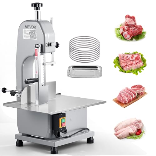 Elektrische Fleischbandsäge 1100 W mit Arbeitsfläche, Schnittstärke 0-110 mm und 7 Ersatzklingen für Gefrorenes Fleisch und Schweinefleisch
