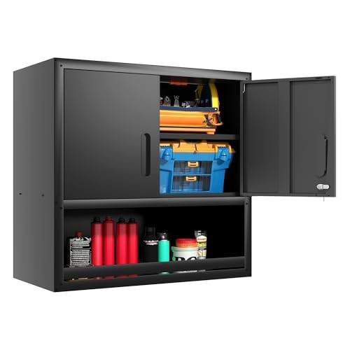 Ergonomischer Werkzeugschrank mit zwei Türen und offener Lagerung für optimale Aufbewahrung von Werkzeugen in der Garage oder Werkstatt.