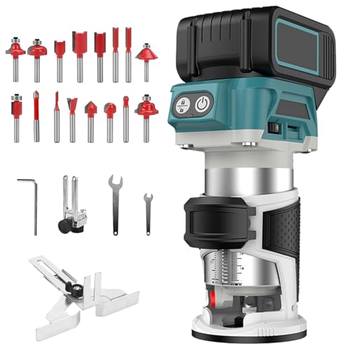 Makita 18V Oberfräse und bürstenloser Holztrimmer, 800W, mit 16 Stück 1/4'' Hartmetall Fräser Set (ohne Akku & Ladegerät)