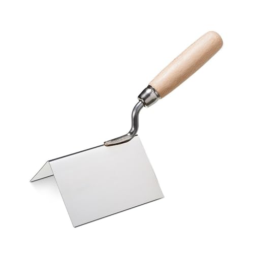 Hochwertige Außeneckkelle aus Edelstahl mit Holzgriff, ideal für Verputz-, Spachtel- und Renovierungsarbeiten. Made in Germany.