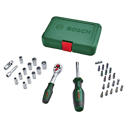 Bosch Ratschen ¼"Steckschlüsselsatz-Set, 34-teilig - Hochwertiger und vielseitiger Steckschlüsselsatz für Heimwerkaufgaben mit ergonomischem Griff und magnetischer Bit-Aufnahme