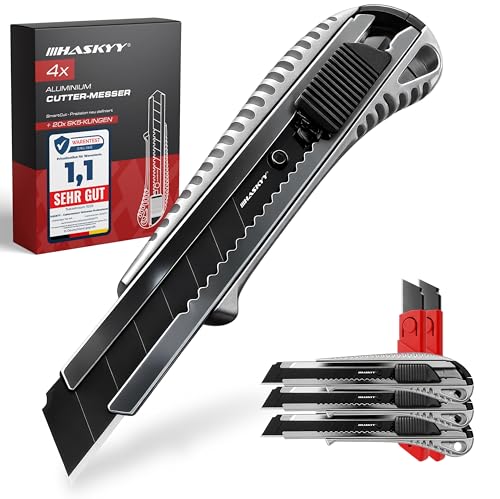 HASKYY Cuttermesser Teppichmesser Cutter Set mit 4 Stücken, inklusive 20 SK5-Hochkarbonstahl-Klingen, Ergonomischer Anti-Rutsch-Griff und Klingenbrecher für präzise Schnitte in verschiedenen Materialien wie Teppich, Vinylboden, Laminat und Papier