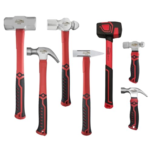 HOUSERAN 7-teiliges Hammer-Set aus geschmiedetem Stahl mit rutschfesten Griffen - Werkzeug-Set für Heimwerker und Bauarbeiten, Schlosserhammer, Spitzhammer, Vorschlaghammer, Gummihammer