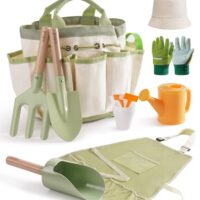 Kinder Gartenarbeit Set, 18 PCS Kleinkind Gartengeräte Kit mit Schürze, Handschuhe, Schaufel, Gabel, Gießkanne und Zylinder-Schaufel für Kinder ab 3 Jahren