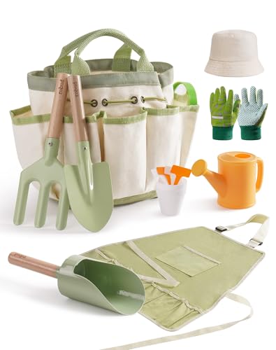 Kinder Gartenarbeit Set, 18 PCS Kleinkind Gartengeräte Kit mit Schürze, Handschuhe, Schaufel, Gabel, Gießkanne und Zylinder-Schaufel für Kinder ab 3 Jahren