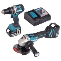 Makita Werkzeugset Combo mit Bohrer und Ladegerät-Box auf einem weißen Hintergrund, ideal für den Heimwerker