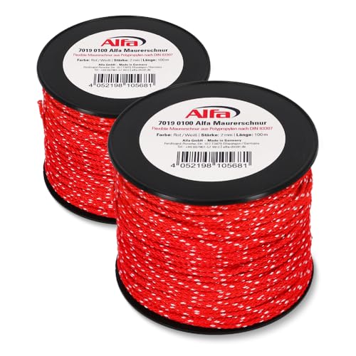 Maurerschnur 2X Alfa Rot, 100 m Länge, Ø 2,0 mm, Polypropylen, reißfest und belastbar für Bauschnur, Lotschnur und Pflasterschnur