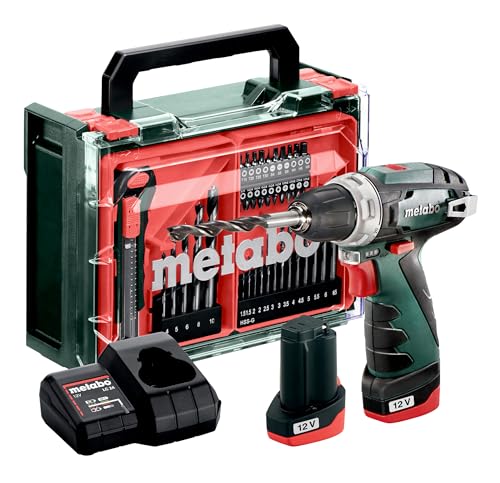 Metabo Akku-Bohrschrauber PowerMaxx BS Basic Set 12 V 34 Nm Drehmoment 2 Gänge Schnellspannbohrfutter LED-Licht Gürtelhaken kompakt inkl. 2 Akkus Ladegerät Zubehör-Set Kunststoffkoffer