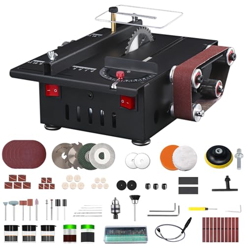 Mini Tischkreissäge mit 4 Klingen, Schneidetischsäge und Bandschleifer in einem - 600 Watt Multifunktionaler Tragbarer Präzisions-DIY-Miniatur-Tischsäge