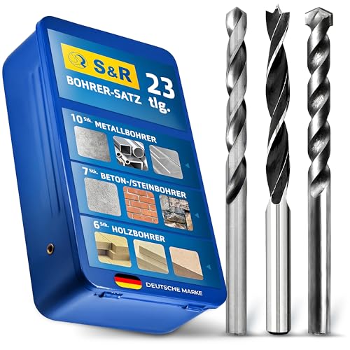 S&R 23-teiliges Bohrer-Set für Holz, Stein und Metall - Universalbohrer mit HSS-M2-Stahl und Betonbohrern