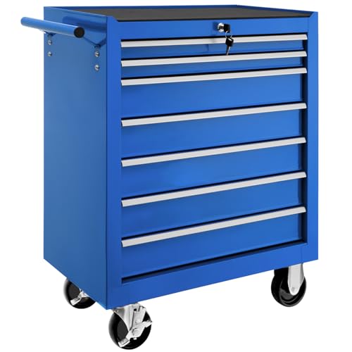 Blauer Werkzeugwagen mit 7 Schubfächer, Rollen mit Bremsen und zwei Schlüsseln - perfekter Begleiter für Ihre Werkstatt oder Garage