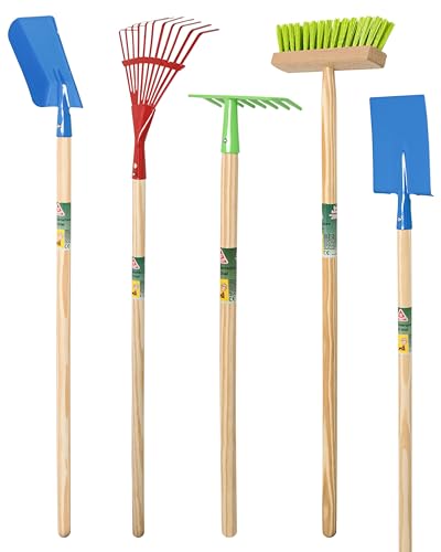 Kinder gartengeräte Set 5 Teile, stabiles Gartenpielzeug aus Metall und Holz, kindergerechtes Gartenwerkzeug für Draußen