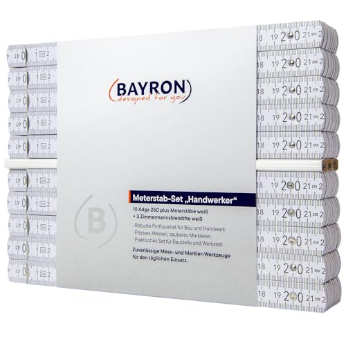 BAYRON Holz-Meterstab-Set für Handwerker, 10 x ADGA 250 plus 2m Weiß Metallgelenk, 90°-Rastung und Winkelfunktion, MADE IN GERMANY