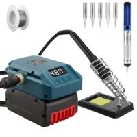 Cordless Lötkolben Set für Bosch Professional 18V System GBA Akku, 60W LCD Einstellbar Temperatur 180-480°C, mit ON/OFF Schalter, Saugstab, 50g Lötdraht und Lötkolbenständer für Elektrische Arbeiten