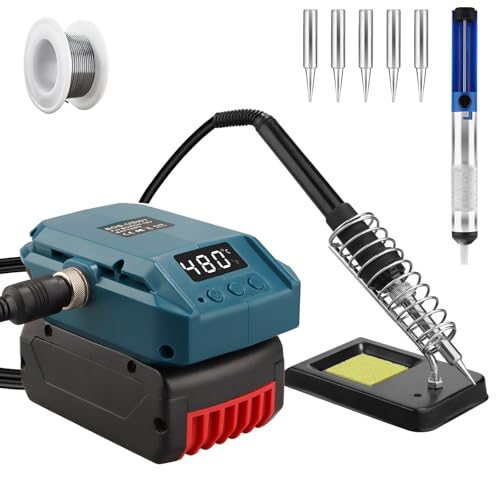 Cordless Lötkolben Set für Bosch Professional 18V System GBA Akku, 60W LCD Einstellbar Temperatur 180-480°C, mit ON/OFF Schalter, Saugstab, 50g Lötdraht und Lötkolbenständer für Elektrische Arbeiten